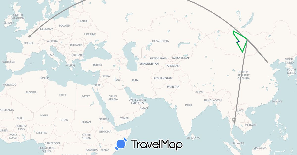TravelMap itinerary: driving, bus, plane in China, France, Mongolia, Thailand (Asia, Europe)